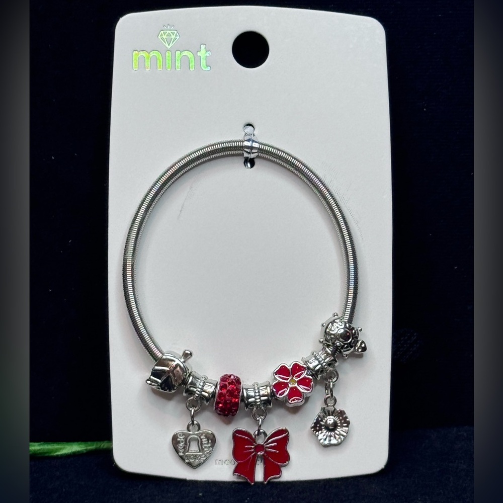 Mint Silver Tone Sparkling Charm Stretch Bracelet Red Bow
